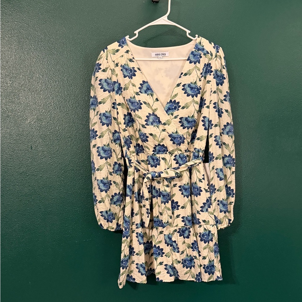 Mimi Chica Cream Floral Long Sleeve Wrap Dress with Blue Roses